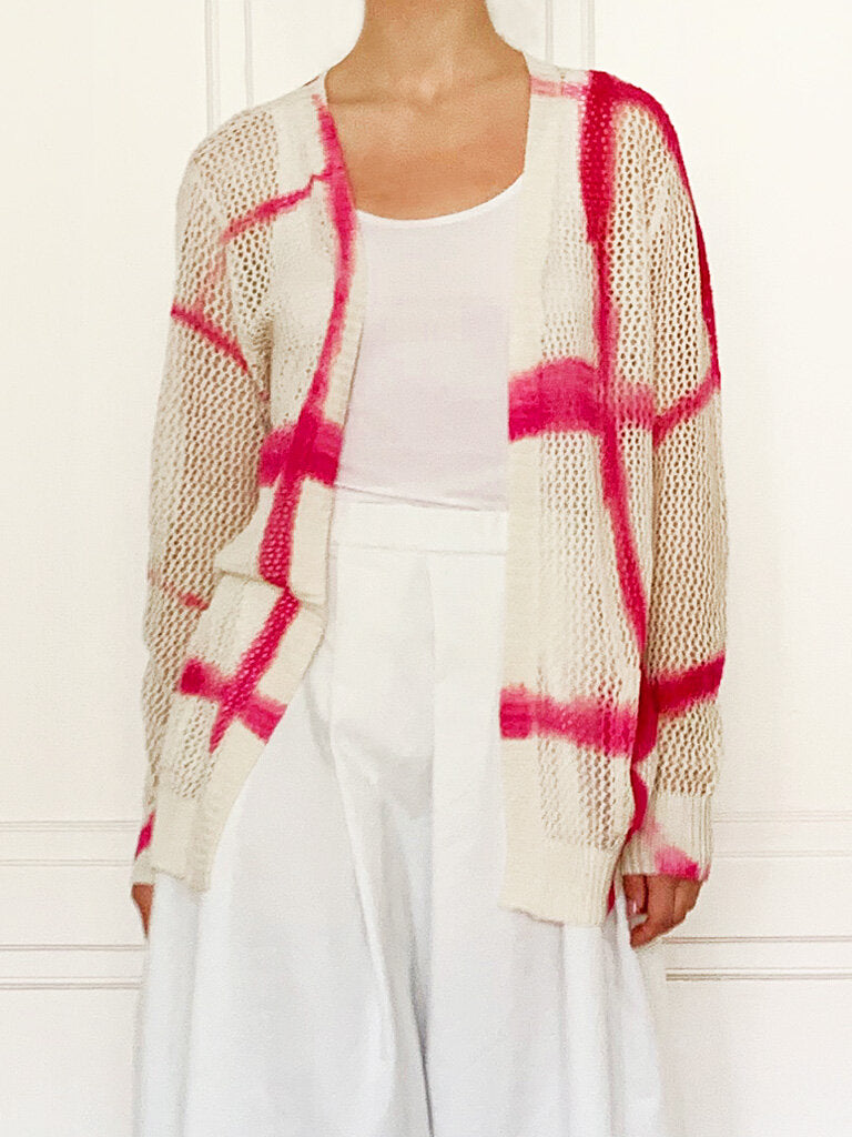 suzusan Shibori Check Cashmere Cardigan Pink