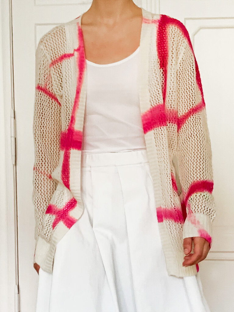 suzusan Shibori Check Cashmere Cardigan Pink